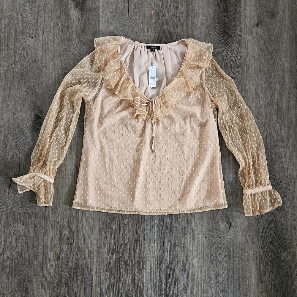 J. Crew Tan Ruffled Blouse with Bib Collar and Long Sleeves